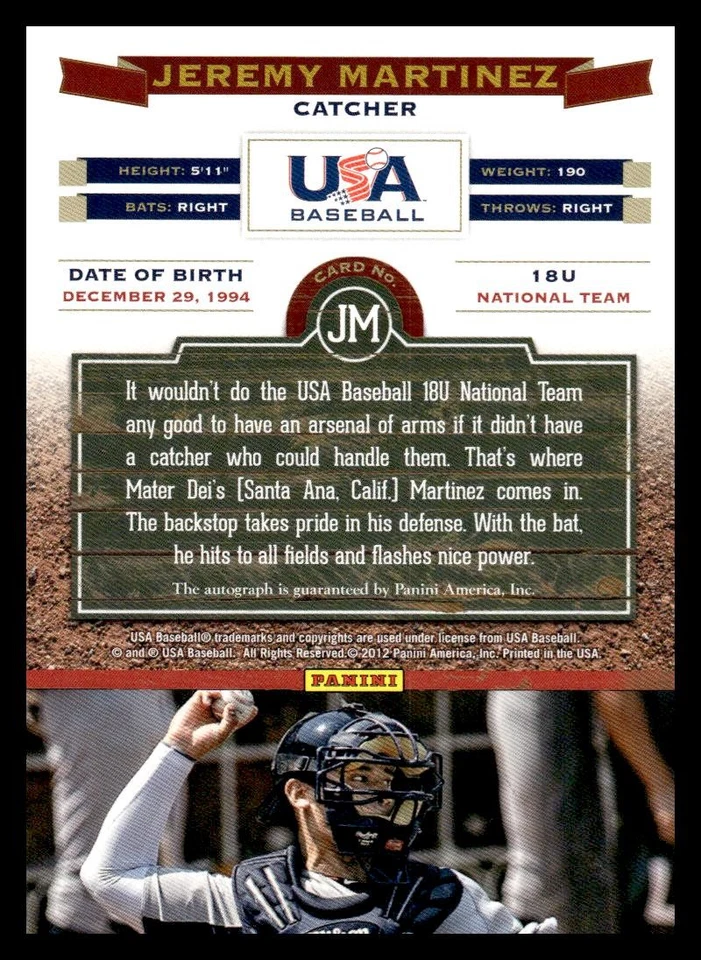 2012 Panini USA Baseball 18U National Team #JM Jeremy Martinez Auto #/349 - Image 2 of 2