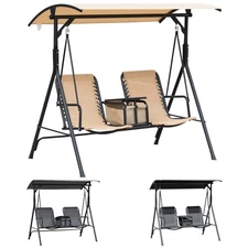 Outsunny 2 Person Outdoor Swing Chair W/ Storage, Tray, Cup Holders