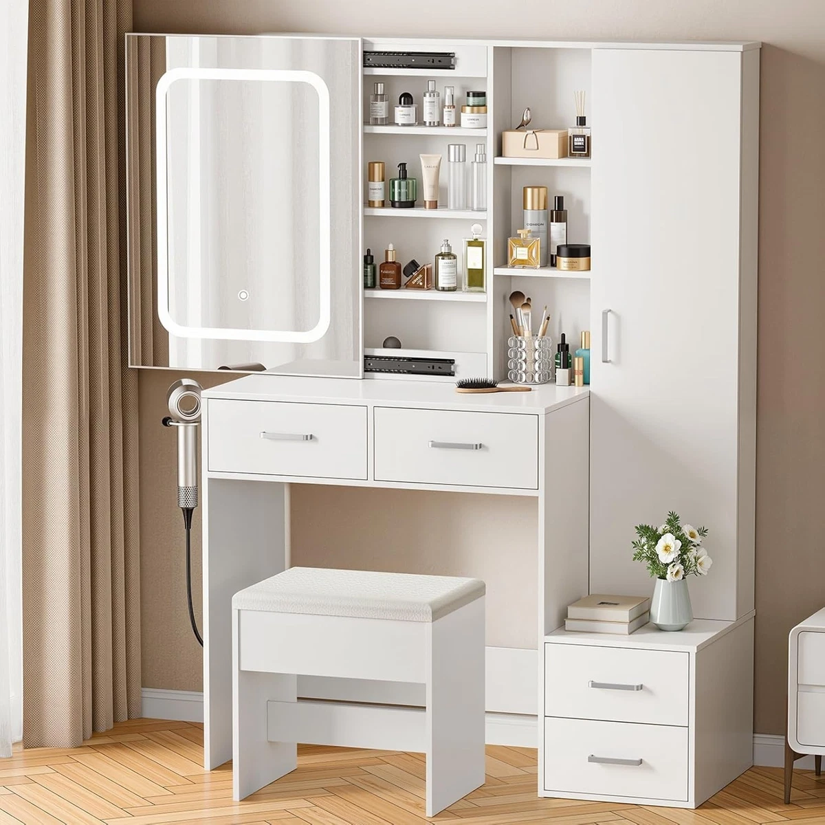 Toeletta con specchio, sgabello per toeletta, set per toeletta con 6 lampadine, bianco | Leroy Merlin