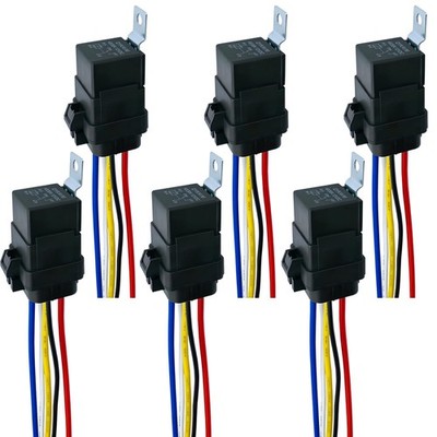 6 Pack 40/30 AMP 12V DC Waterproof Relay Kit with Heavy-Duty Pigtail, 5-PIN S...