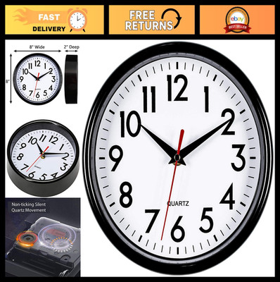 Silent Non-Ticking 8'' Black Wall Clock - Quality Quartz Battery Operated, Easy t