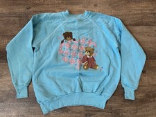 Vintage Sweatshirt Women L Blue Teddy Bear Graphic Pullover Crewneck Grannycore