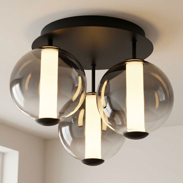 Deckenlampe Deckenleuchte Wohnzimmerlampe Schwarz Glaskugel Rauch Led H 29,5 Cm-image