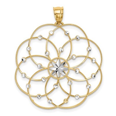 14k Yellow Gold and Rhodium Diamond-cut Spiral Circle Pendant