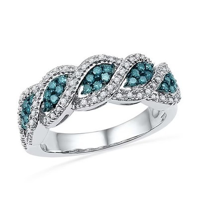 0.50Ct Enhanced Blue & White Diamond Simulated Wave Band 14k White Gold Plated