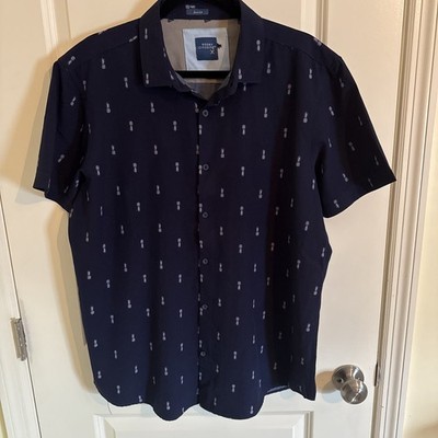 Essex Crossing Button Up Shirt Men's Navy Blue Pineapple Stretch All Over Print