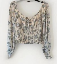 Sienna Sky Womens Smocked Floral Balloon Sleeve Top Sz L Y2K Fairy Peasant Boho