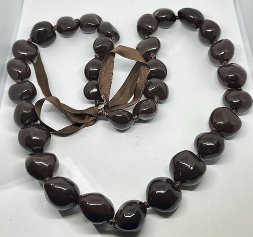 Brown Kukui Nut Hawaiian Lei Polynesian Necklace Ribbon Tie 34"