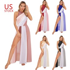 Long Flowy Lyrical Dance Dresses Women Mock Neck High Slit Ballet Leotard Dress