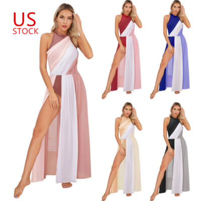 Long Flowy Lyrical Dance Dresses Women Mock Neck High Slit Ballet Leotard  Dress | eBay