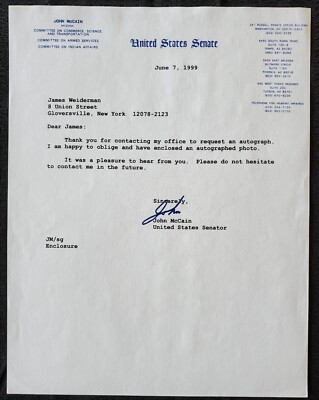 1999 John McCain Autograph US Senator AZ Governor 8x10 Document