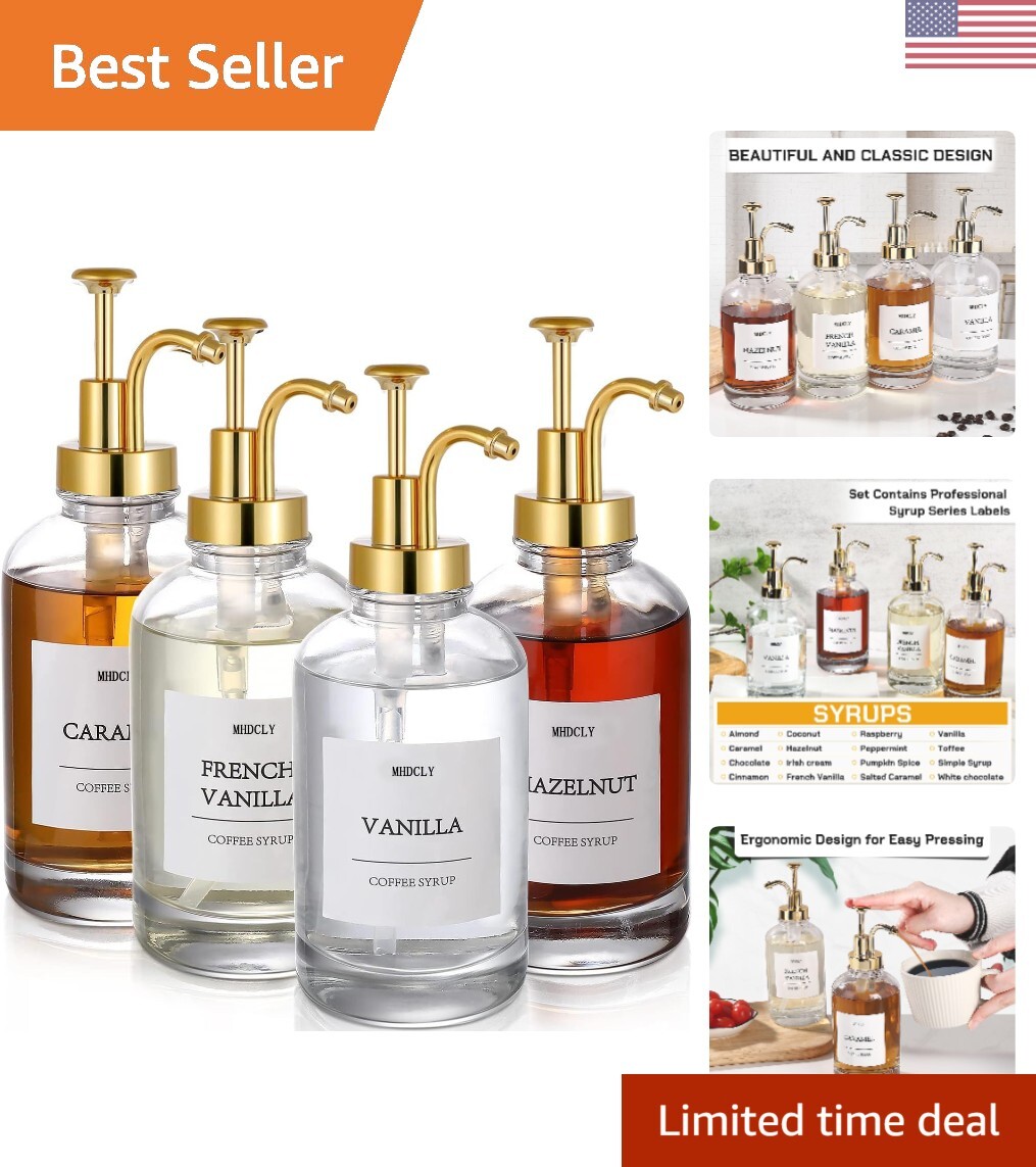 Coffee Syrup Dispenser Set - 4 Pack, 16.9oz Glass Bottles with