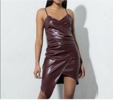Blue Blush Burgundy Pleather Bodycon Dress with Rushed Side S Assymetrical Hem