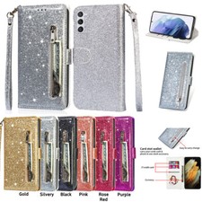 Zipper Magnetic Glitter Leather Card Wallet Case For Samsung Galaxy "A" Series