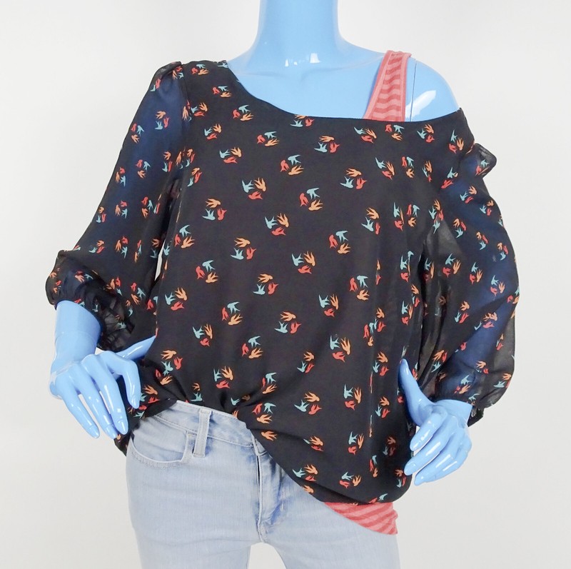 A.N.A. Birds Print Balloon Sleeve Boho Hippie Peasant Flowy Top L 12 14 Layered