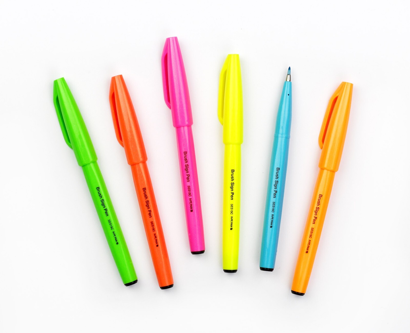 Set of 6, Pentel Brush Sign Pen, Flexible Tip, Fluorescent Colours SES15C