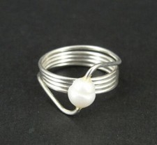 Ring Silver Wire with Pearl Top Sterling Band Size 8.25 Ring 8 1/4