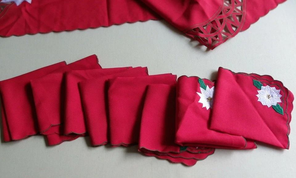 Christmas Embroidered Table Runner & 8 Napkins Red W/White Poinsettias 70" x 13 - Image 2 of 4