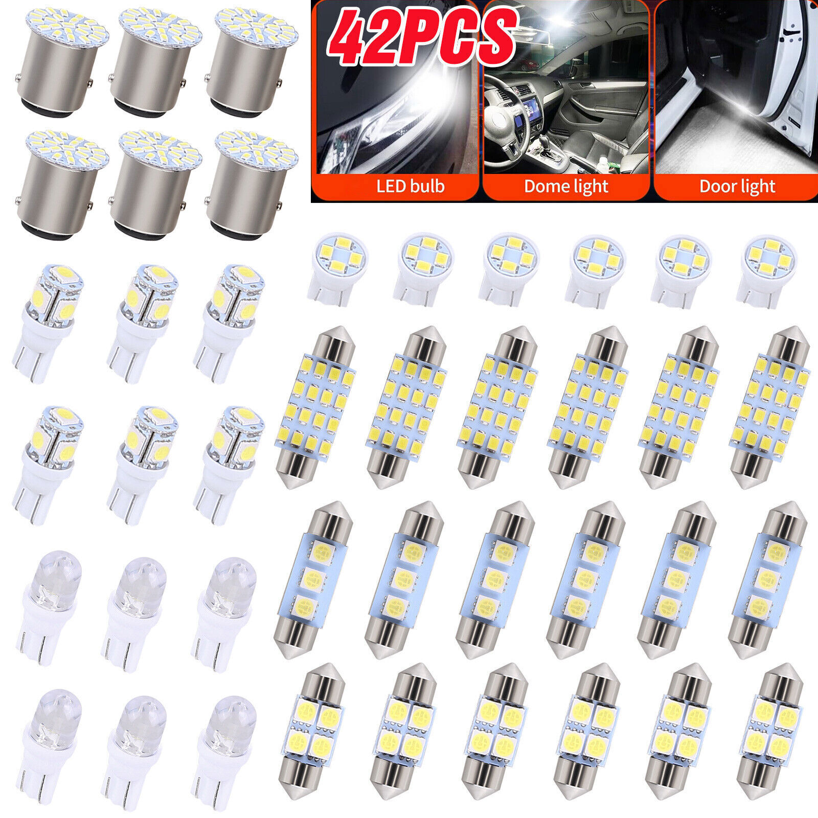 42Pcs Interior Car Bulb Kit For Trunk Car Map Plate Light Dome Light