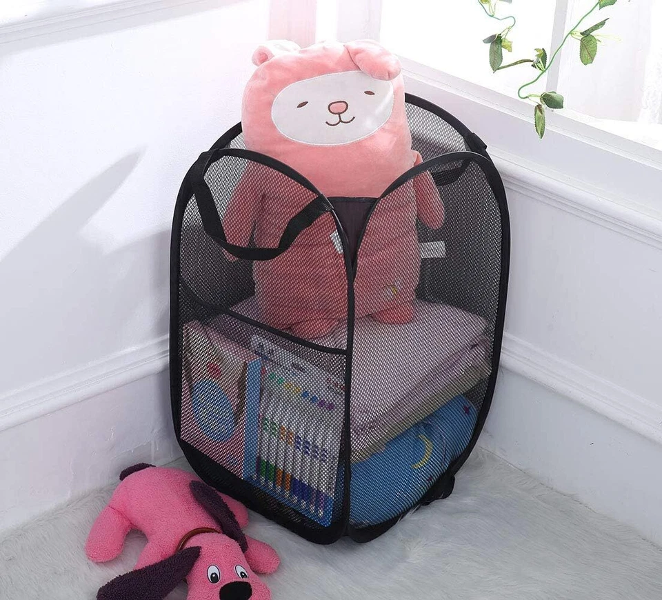 2PCS Collapsible Pop up Laundry Bag Foldable Hamper Large Mesh Clothes Basket US - Image 4 of 4