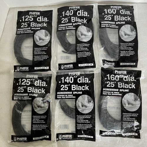 Phifer-6 total (2ea) of .125''-.140"-.160" dia.x 25 ft. BLACK Screening Spline