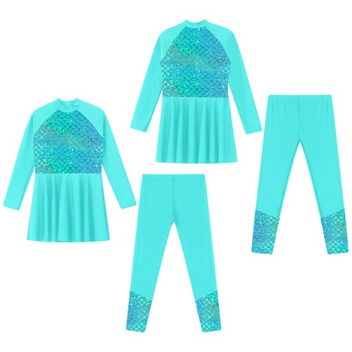 Kids Girls Long Sleeve Pool Dress With Pants Bathing Suit Rash Guard Set - Picture 34 of 65
