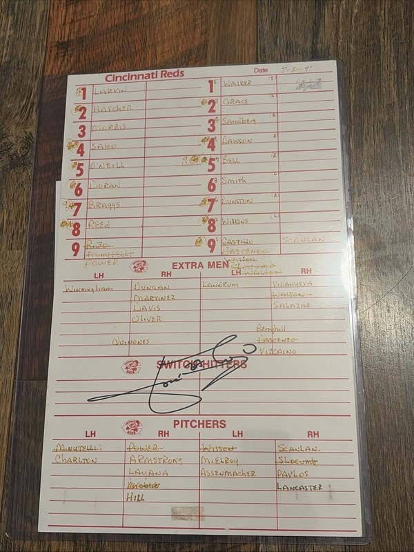 Cincinnati Reds DUGOUT LINE UP CARD Jose Rijo Signed Box1-8