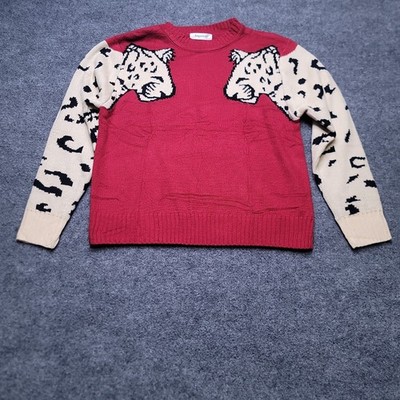 Angashion Sweater XL Red Cream Leopard Animal Print Graphic Knit Pullover