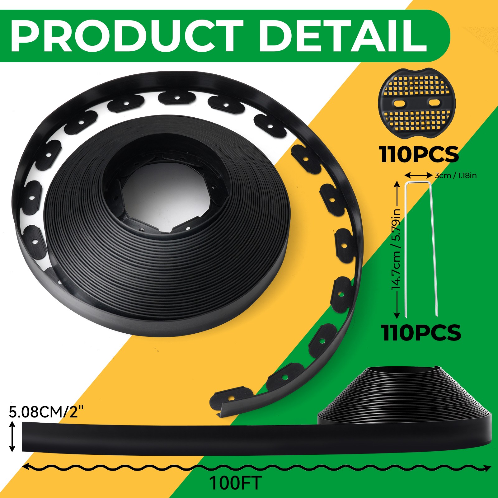 100ft Lawn Edge Border W/ 110 U-shaped pegs Garden Edging For Flower Grass Paths