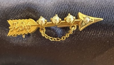Vintage Pi Beta Phi Gold Arrow Pin with 4 Pearls  E. Johnson Colo. B 2/6/54  