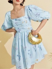 Self Portrait Blue Floral Taffeta Watercolor Puff Sleeve Mini Dress Sz 2
