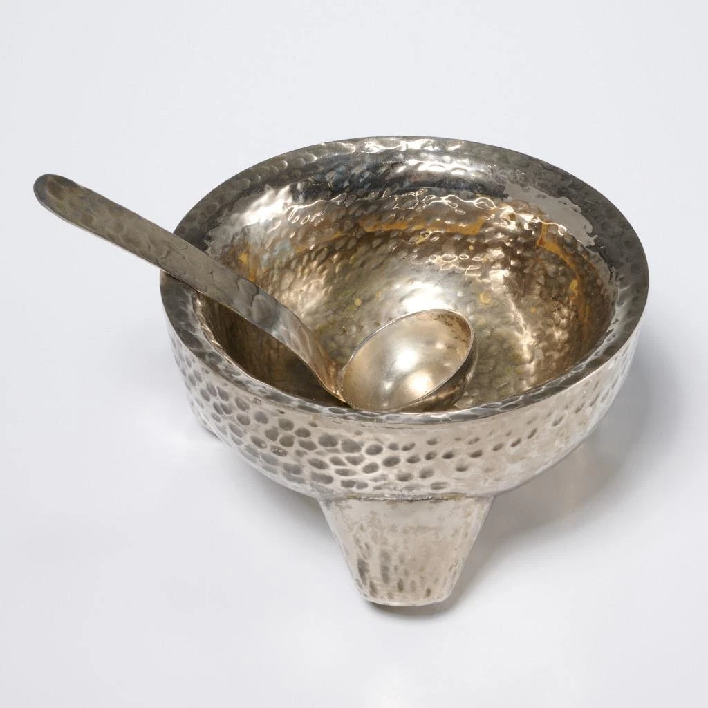Vintage Mexican Hammered Silver Plated Molcajete Bowl and Small Sauce Ladle Set