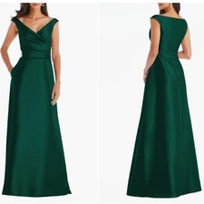 Alfred Sung Hunter Green Off-the-Shoulder Draped Wrap Satin Maxi Dress Size 6
