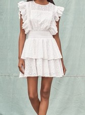 Lulus Sunny White Eyelet Lace Tiered Ruffled Mini Dress, SZ M