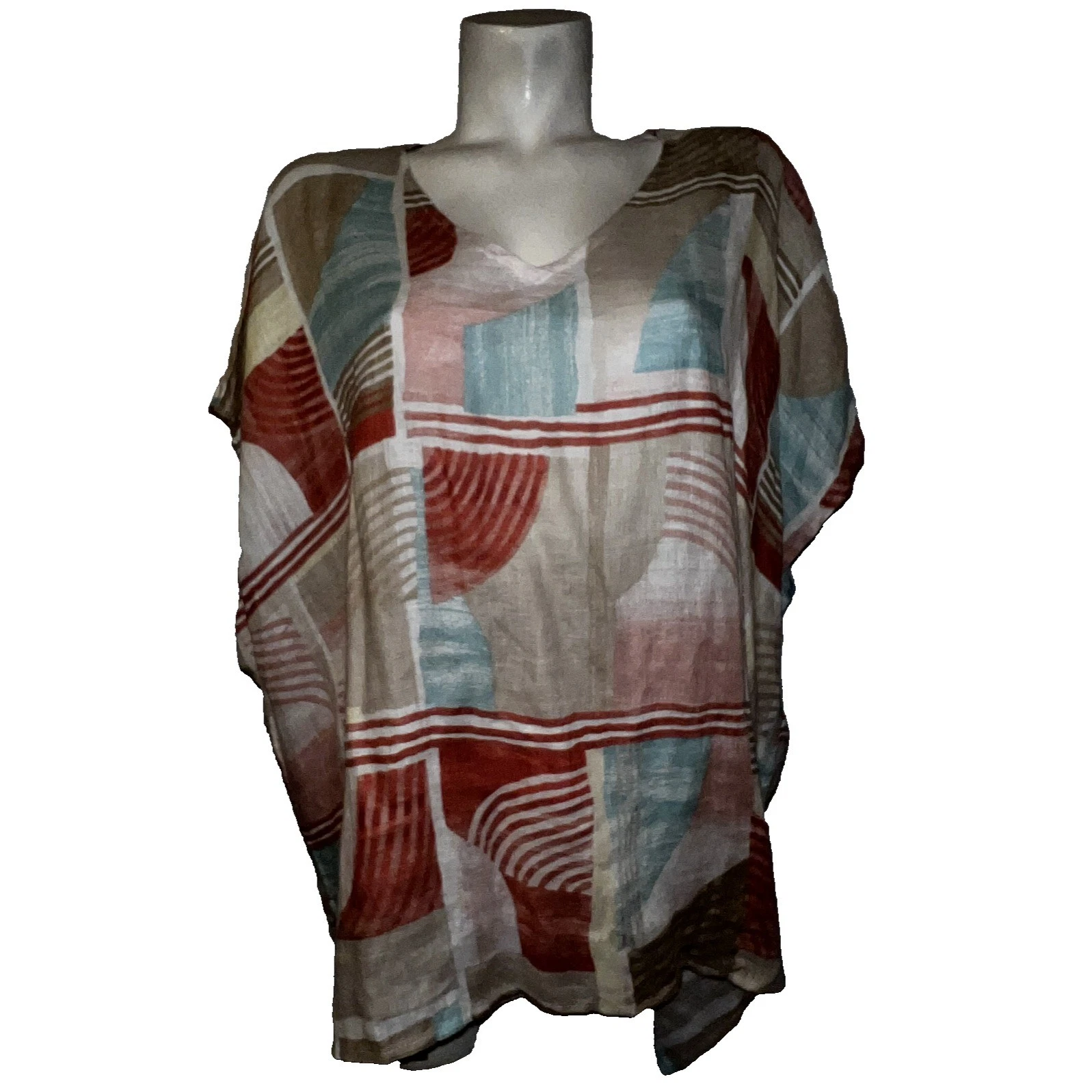 Chico's 100% Linen Geometric Abstract Poncho Top V-Neck Size L/XL Multi-Color