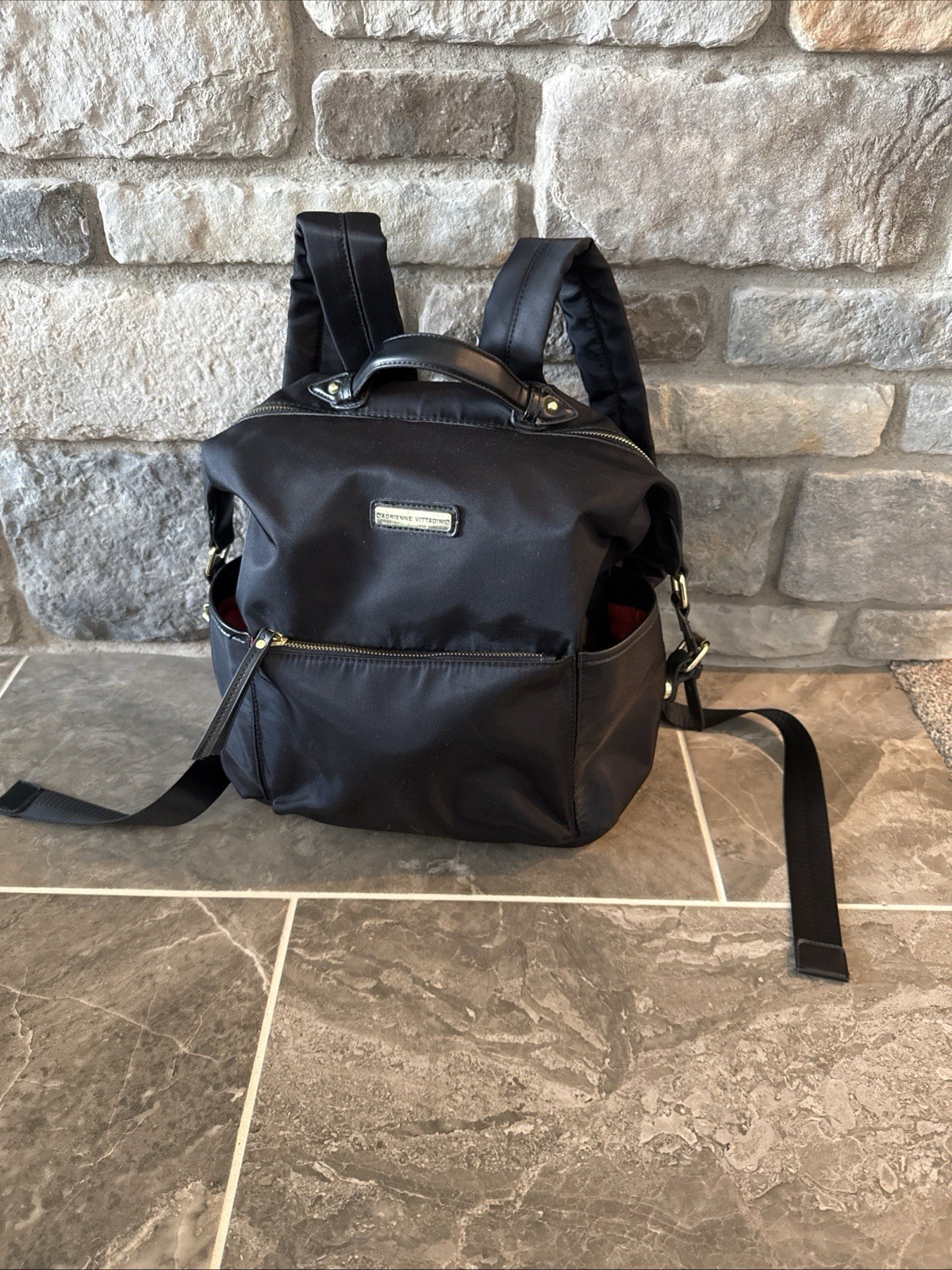 Adrienne Vittadini Travel Light Backpack Black Gold Zippers Women's Travel Bag