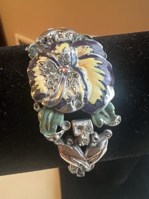 Vtg Crown Trifari Alfred Philippe Rue de la Paix Enamel Pansy Bracelet **As Is