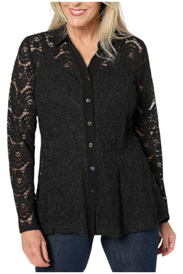 Susan Graver Women's Occasions Brushed Lace Button-Front Top Black