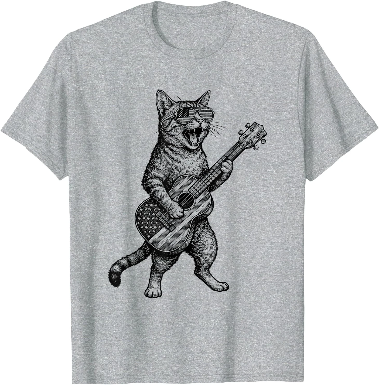 Patriotic Cat Wearing USA Flag Sunglasses Playing Ukulele T-Shirt