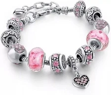 SILVER BRACELET WITH CRYSTAL HEART AND LOVE EUROPEAN CHARMS