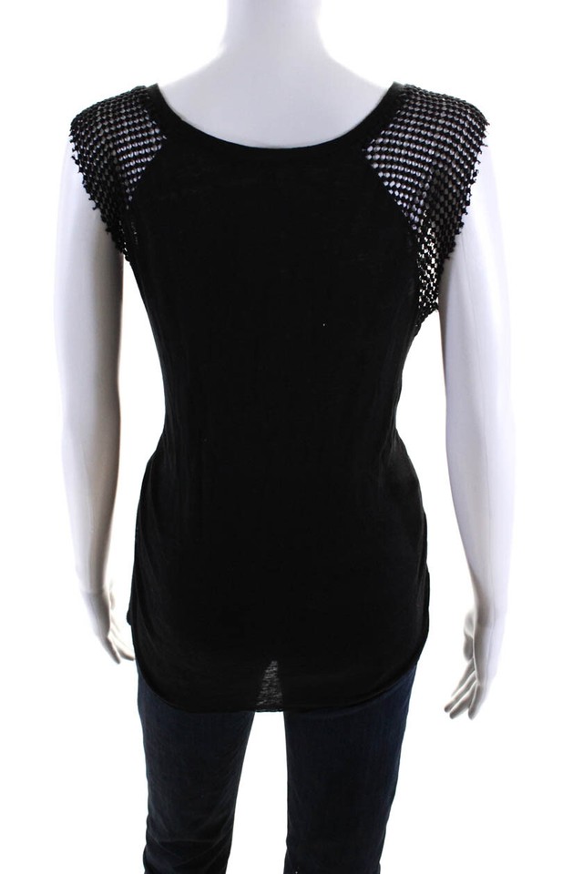 Generation Love Womens Scoop Neck Open Knit Trim Boxy Top Black Size