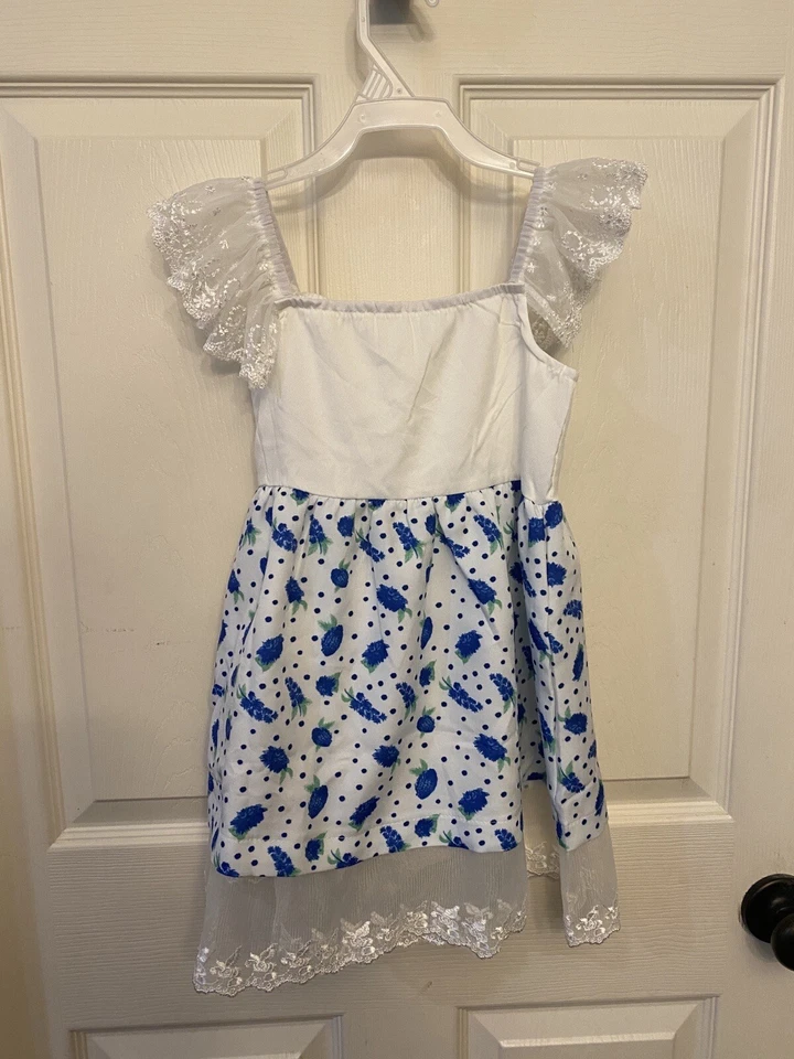 Vestido de verano para niñas talla mediana azul y blanco con parte inferior y mangas de encaje Foto 3 de 4