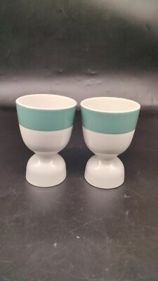 Ceramic Double Sided Egg Cups. Set of 2 White with Green Accent Stripe