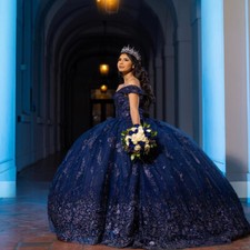 V-Neck Sequin Appliques Off Shoulder Quinceanera Dress Ball Gown Tulle Princess 