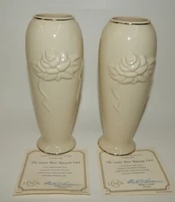 Pair Lenox Rose Blossom Vases 24k Gold Trim