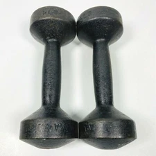 VINTAGE CAST IRON 5LB DUMBELLS SET GLOBE / BUN STYLE ENDS MADE IN TAIWAN