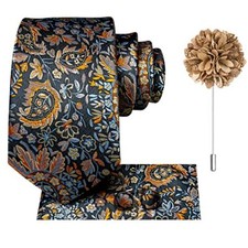 Silk Ties for Men 4PCS Mens Ties and Flower Lapel Pin Pocket Navy Brown Floral