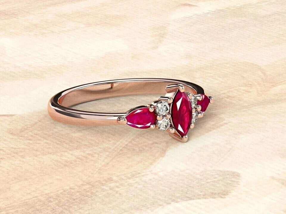 2Ct Marquise Cut Simulated Red Ruby Women's Wedding Ring In 14k Rose Gold Plated - Image 3 of 4