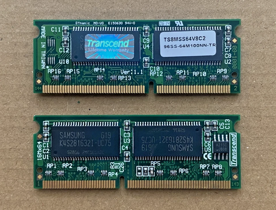 Transcend TS8MSS64V8C2 144PIN PC100 Unbuffered DIMM 64MB With 8Mx16 CL2, 2pc Lot - Image 3 of 3