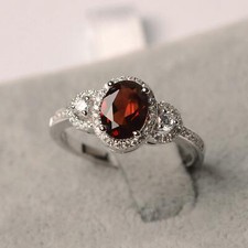 1.9ct Lab-Created Red Garnet Ring Moissanite Halo Trilogy White Gold Plated